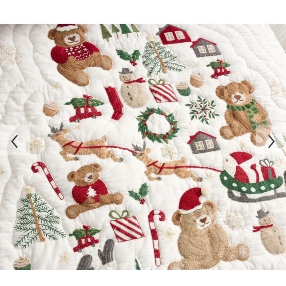 Pottery Barn Kids Teddy Bear Holiday TWIN Quilt & Pillow Sham NEW